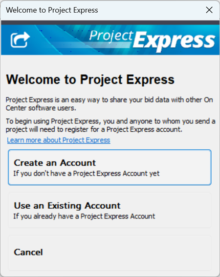 On-Screen Takeoff Project Express Welcome screen